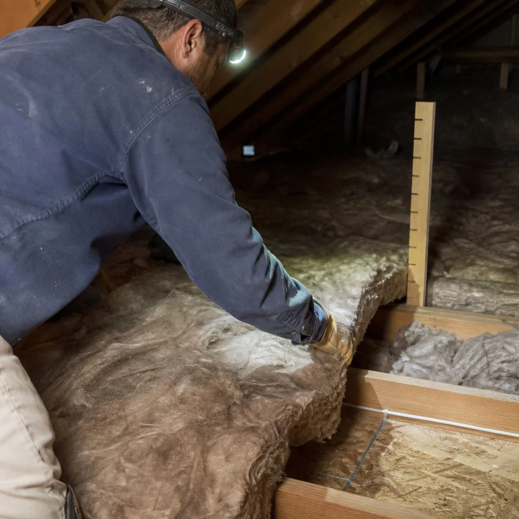 Contractor installing fiberglass insulation batts in an attic