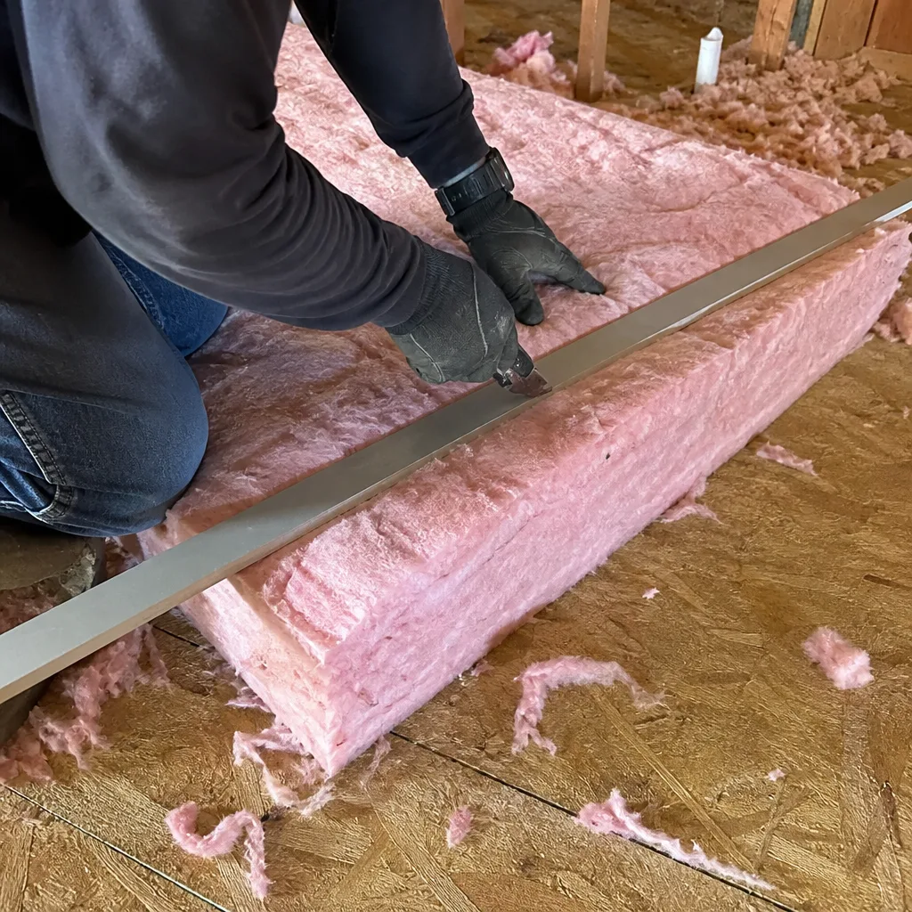 Professional contractor cutting pink fiberglass insulation for attic installation