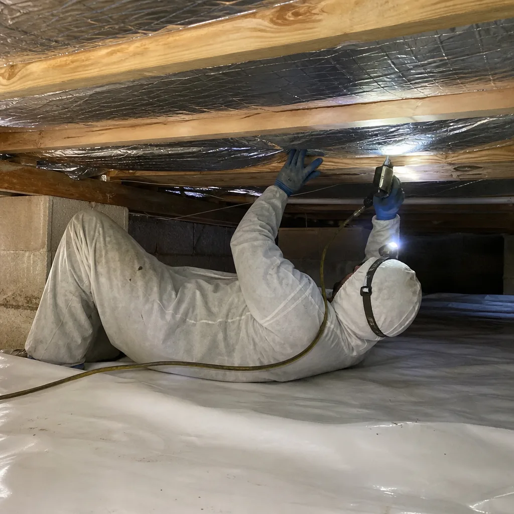 Technician performing crawl space encapsulation and vapor barrier installation.