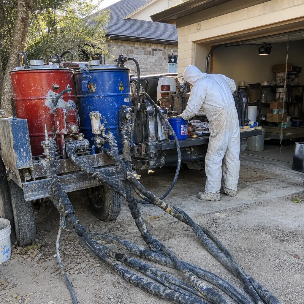 Technician preparing professional spray foam insulation equipment on a work truck