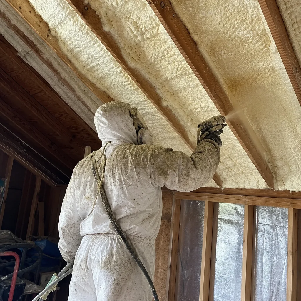 Contractor applying spray foam insulation to residential roof rafters.